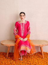 Women's Pink Embroidered Straight Kurta Trouser with Dupatta set