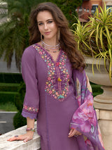 Women's Purple Embroidered A-Line Kurta Trouser with Dupatta Set
