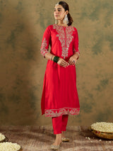 Women's Red Embroidered Straight Kurta Trouser with Dupatta Set