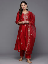 Women's Red Embroidered Straight Kurta Trouser with Dupatta Set