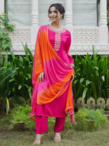 Women's Pink Embroidered Straight Kurta Trouser with Dupatta Set