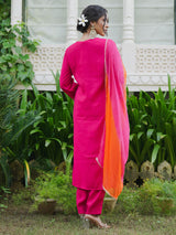 Women's Pink Embroidered Straight Kurta Trouser with Dupatta Set