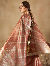 Women's Brown Woven Design Straight Kurta Trouser with Dupatta Set