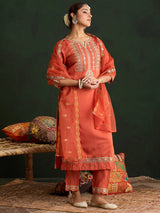 Women's Orange Embroidered Straight Kurta Trouser with Dupatta set