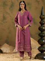 Women's Purple Straight Embroidered Kurta Trouser with Dupatta Set