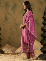 Women's Purple Straight Embroidered Kurta Trouser with Dupatta Set