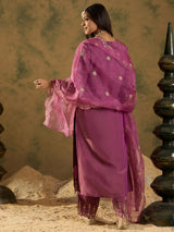 Women's Purple Straight Embroidered Kurta Trouser with Dupatta Set