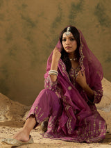 Women's Purple Straight Embroidered Kurta Trouser with Dupatta Set