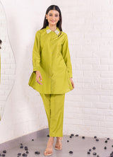 Women's Pearl Embellished Parrot Green Tunic and Trouser Co-Ord Set