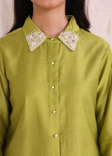 Women's Pearl Embellished Parrot Green Tunic and Trouser Co-Ord Set