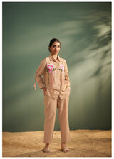 Women's Beige Multi-Thread Dots Silk Embroidered Patch Co-Ord Set