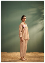 Women's Beige Multi-Thread Dots Silk Embroidered Patch Co-Ord Set