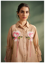 Women's Beige Multi-Thread Dots Silk Embroidered Patch Co-Ord Set