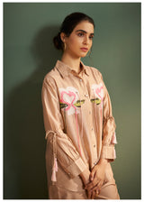 Women's Beige Multi-Thread Dots Silk Embroidered Patch Co-Ord Set