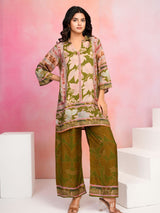 Women's Olive Green Base Multicolor Printed Muslin Co-ord Set