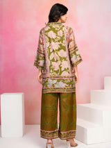 Women's Olive Green Base Multicolor Printed Muslin Co-ord Set