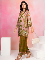 Women's Olive Green Base Multicolor Printed Muslin Co-ord Set