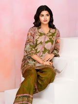 Women's Olive Green Base Multicolor Printed Muslin Co-ord Set