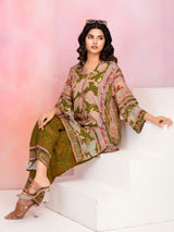 Women's Olive Green Base Multicolor Printed Muslin Co-ord Set