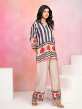 Women's Multi-Color Striped and Polka Dot Printed Muslin Co-Ord Set