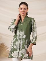 Women's Olive Green Floral Print in Russian Silk with Shell Buttons Tunic