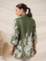 Women's Olive Green Floral Print in Russian Silk with Shell Buttons Tunic