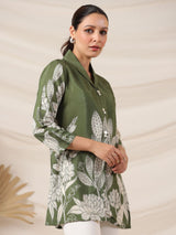Women's Olive Green Floral Print in Russian Silk with Shell Buttons Tunic