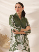 Women's Olive Green Floral Print in Russian Silk with Shell Buttons Tunic