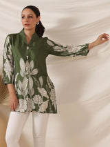 Women's Olive Green Floral Print in Russian Silk with Shell Buttons Tunic
