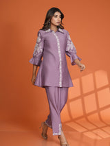 Women's Purple Color Placement Embroidered Ethnic Set in Roman Silk