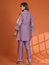 Women's Purple Color Placement Embroidered Ethnic Set in Roman Silk