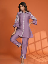 Women's Purple Color Placement Embroidered Ethnic Set in Roman Silk