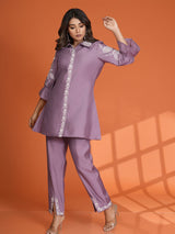 Women's Purple Color Placement Embroidered Ethnic Set in Roman Silk