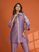Women's Purple Color Placement Embroidered Ethnic Set in Roman Silk