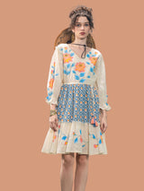 Women's Cream Textured Cotton Hand-Painted Mini Dress