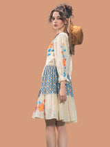 Women's Cream Textured Cotton Hand-Painted Mini Dress