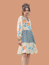 Women's Cream Textured Cotton Hand-Painted Mini Dress