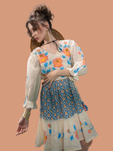 Women's Cream Textured Cotton Hand-Painted Mini Dress