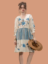 Women's Cream Textured Cotton Hand-Painted Mini Dress