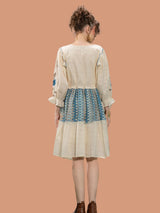 Women's Cream Textured Cotton Hand-Painted Mini Dress