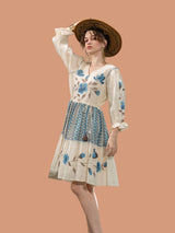Women's Cream Textured Cotton Hand-Painted Mini Dress