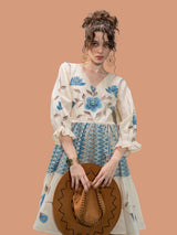 Women's Cream Textured Cotton Hand-Painted Mini Dress