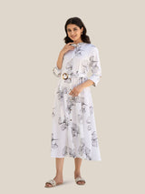 Women's Off-White Ginkgo Leaf Printed Belted Midi Dress in Viscose