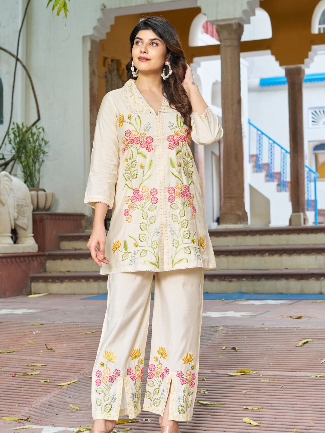 Women's Off-White Embroidered Roman Silk Co-ord Set