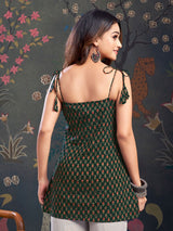 Women's Green Floral Color with Tie-Knot Shoulder Short Kurti
