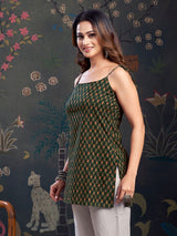 Women's Green Floral Color with Tie-Knot Shoulder Short Kurti