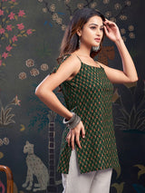 Women's Green Floral Color with Tie-Knot Shoulder Short Kurti