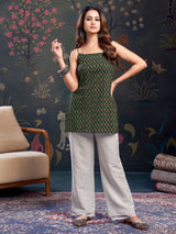 Women's Green Floral Color with Tie-Knot Shoulder Short Kurti