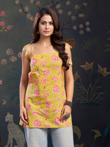 Women's Yellow Color and Pink Floral Print with Tie-Knot Shoulder Short Kurti