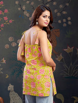 Women's Yellow Color and Pink Floral Print with Tie-Knot Shoulder Short Kurti